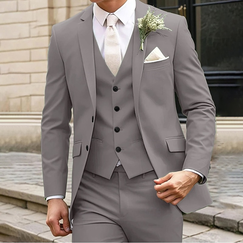 Men's Wedding Business Suits Notch Lapel Black Light Grey Formal Solid Colored Standard Fit 3 Piece Single Breasted Two-buttons