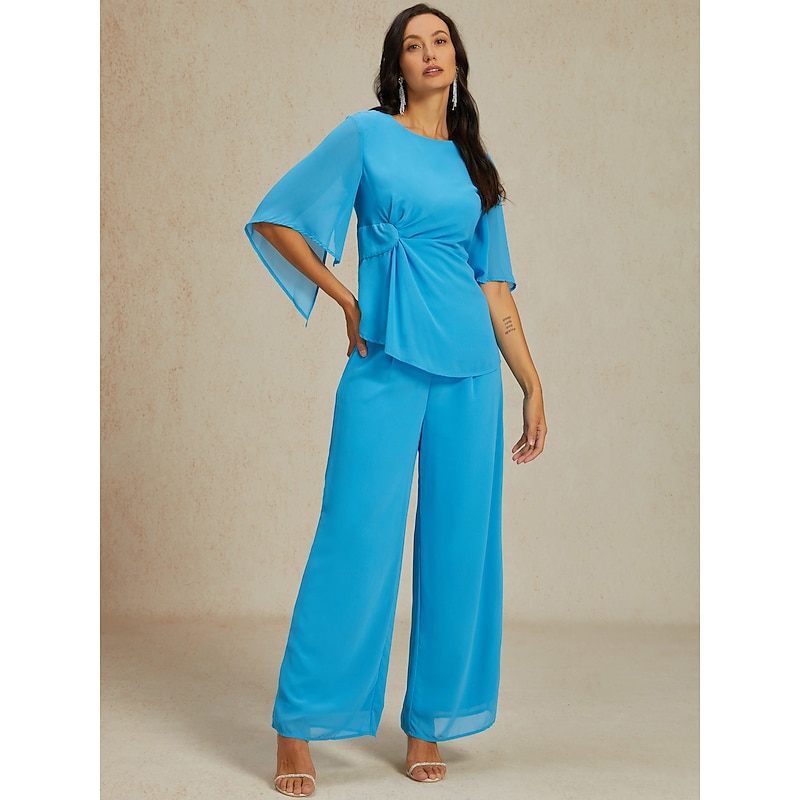 Women's Elegant Stylish Blouse Pants Trousers Half Sleeve Crew Neck Plain Ruched Wedding Guest Daily Blue Summer Regular Fit
