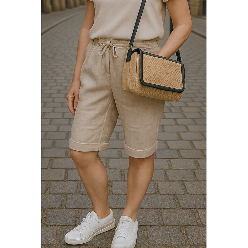 Women's Cotton Linen Pants Chinos Crop Fashion Streetwear Comfort Knee Length High Waist Plain Pocket Elastic Waistband Comfy Outdoor Comfortable Street Daily Wear Going out claret Deep Green