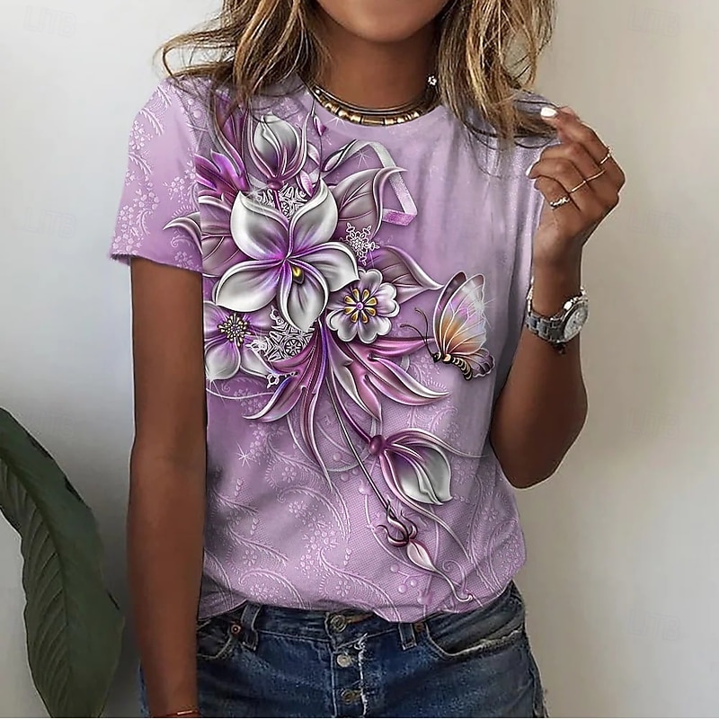 Women's T Shirt Fashion Floral Butterfly Print Short Sleeve Regular Tops Round Neck Casual Holiday Blue Summer2