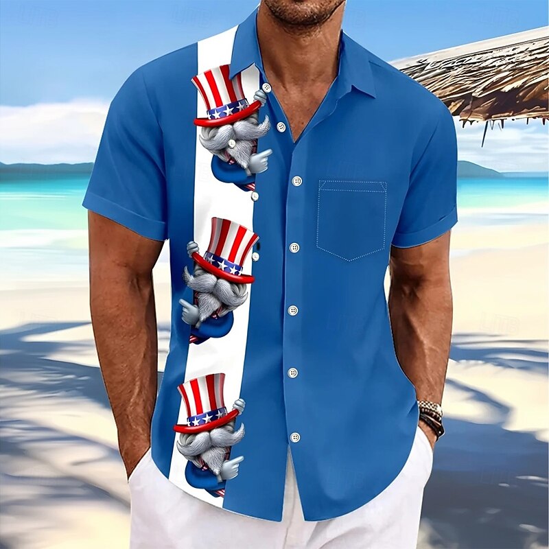 Men's American US Flag Uncle Sam Independence Day Shirt Casual Shirt Button Up Shirt Short Sleeve Fashion Casual Vacation Holiday Summer Spring Turndown 3D Print Collared Shirts Front One Pocket Blue