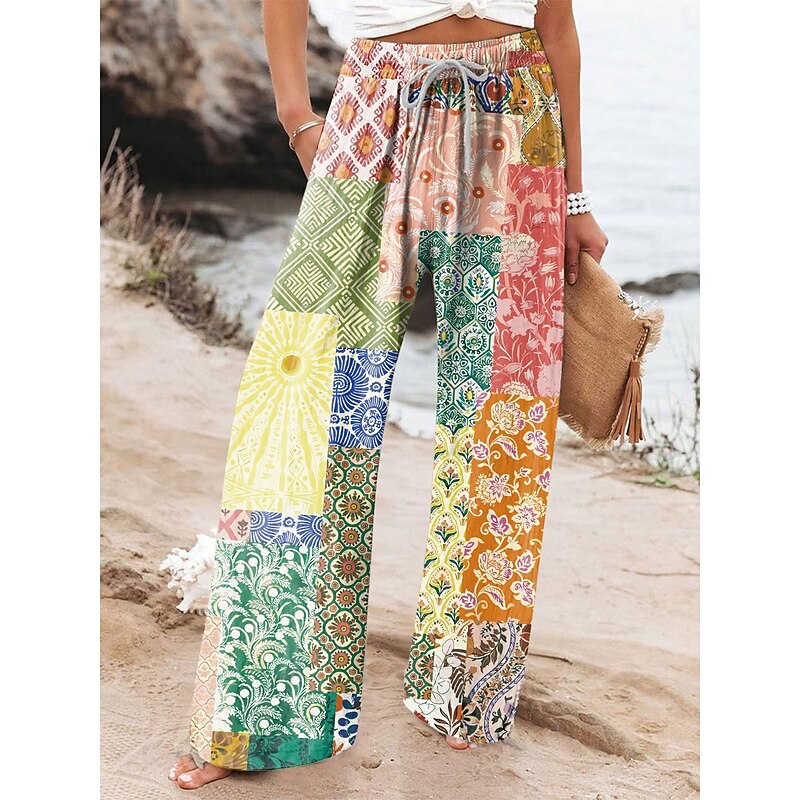 Women's Wide Leg Chinos Baggy Pants Vacation Fashion Ethnic Style Full Length High Waist Floral Graphic Abstract Printing Soft Breathable Micro-elastic Formal Vacation Street White Yellow Pink Blue2