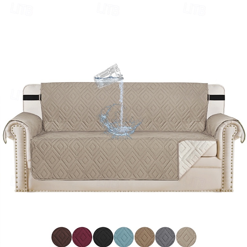 Quilted Reversible Couch Cover, Burgundy Waterproof Slipcover Furniture Protector, Washable Couch Cover with Non Slip Foam and Elastic Straps for Kids, Dogs, Pets