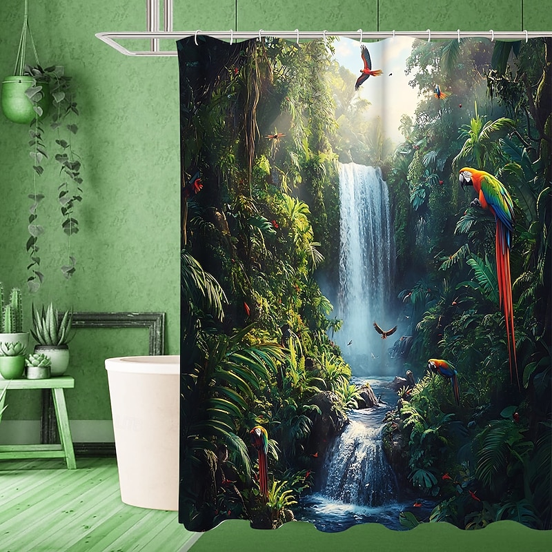 Shower Curtain with Hooks 180cm*180cm(70"*70") Polyester Machine Washable Waterproof Tropical Rainforest Flowers Pattern2