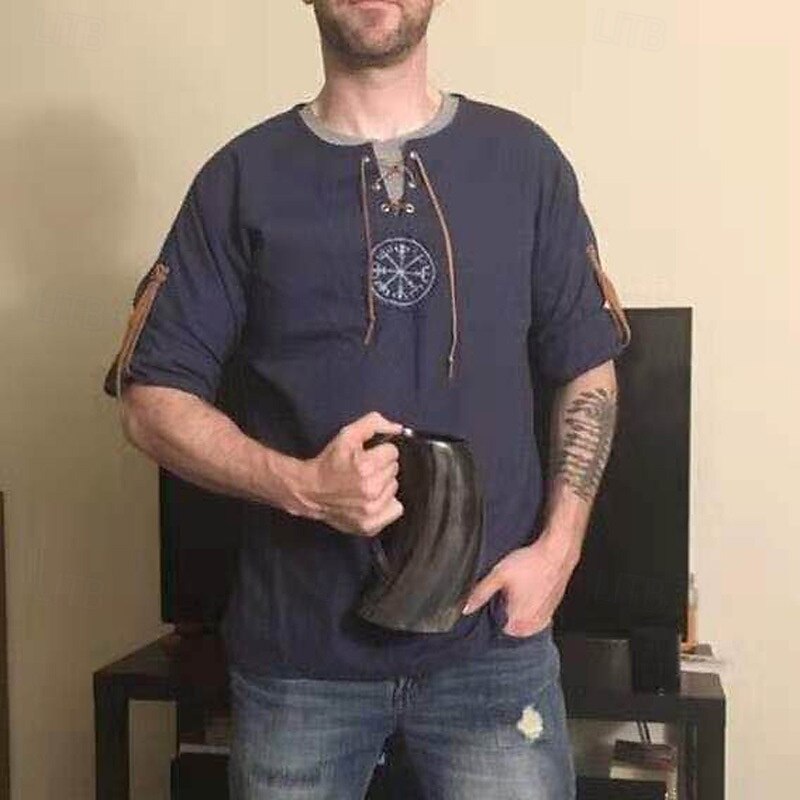 Medieval Renaissance 17th Century Medium Length Blouse / Shirt Cosplay Costume Knight Ritter Viking Celtic Knight Drawstring Solid Color Round Neck Fancy Dress Men's Pirate Halloween Masquerade4