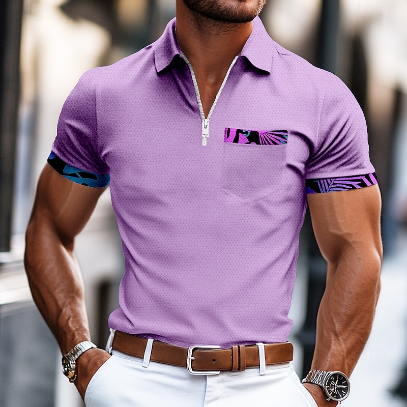 Men's Graphic Zip Polo Short Sleeve Turndown Business Casual Daily Sports & Outdoor Athleisure Casual Daily Pocket Summer Violet Robin's Egg Blue Pink