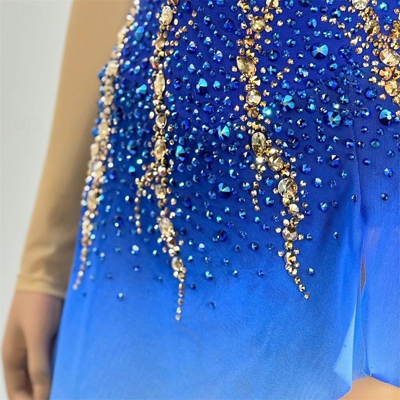 Figure Skating Dress Women's Girls' Ice Skating Dress Navy Patchwork Asymmetric Hem Mesh Spandex High Elasticity Training Competition Skating Wear Classic Crystal / Rhinestone Long Sleeve Ice Skating4