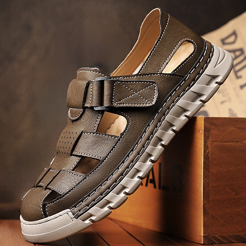Men's Brown Faux Leather Fisherman Sandals – Comfortable Velcro Strapped Outdoor Shoes for Summer and Casual Wear
