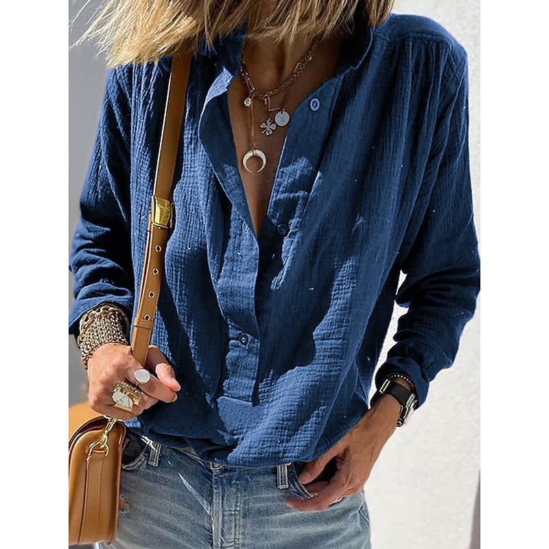 Women's Shirt Blouse Plain Casual Long Sleeve Shirt Collar Regular Tops Daily Ruched Buttons Black Wine Blue Green Khaki Summer Spring Fall