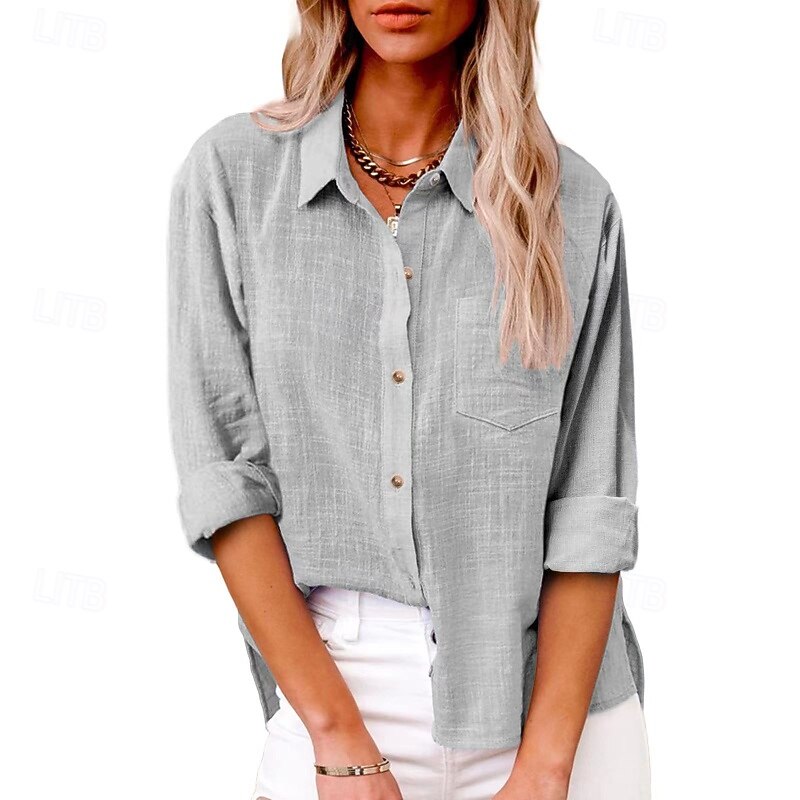 Women's Shirt Cotton Linen Shirts Button Up Blouse Plain Basic Modern Long Sleeve Shirt Collar Regular Tops Holiday Going out Buttons Pocket Black White Pink Army Green Navy Blue Summer4