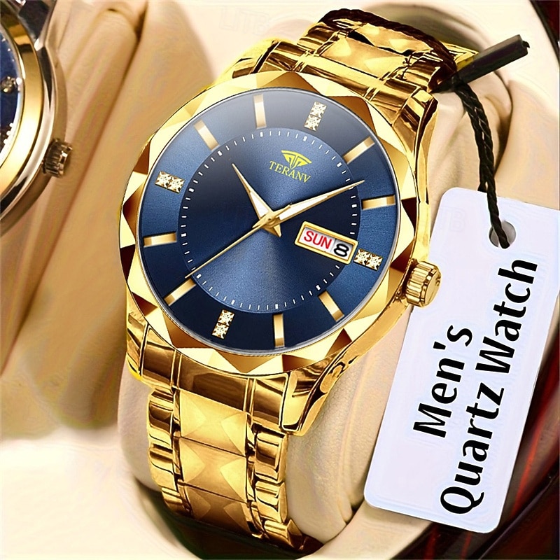 TERANV Brand Fashion Men's Quartz Watch with Rhombus Dial IPX7 Waterproof Dual Calendar Luminous Steel Strip Watch Business Watch4