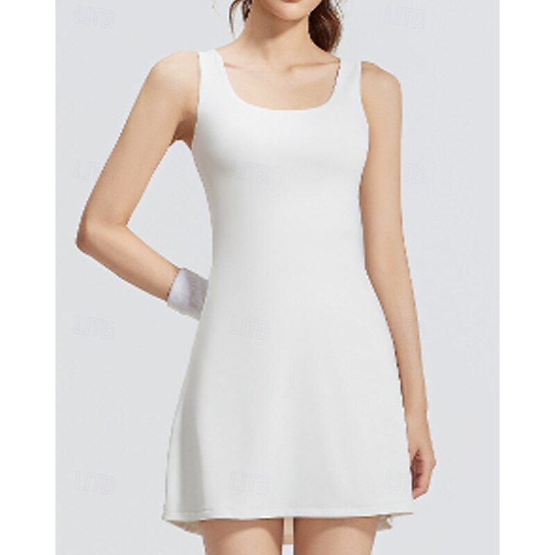 Women's Solid Colored Tennis Dress with Built in Shorts and Bra Sports Dress Sleeveless Breathable Tennis Golf Pickleball Square Neck Dress Black White Grey Tennis Clothing4