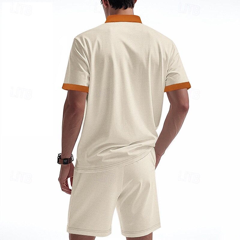 Men's T-shirt Suits 2 Pieces Outfits Tee & Shorts Short Sleeve Standing Collar Summer Color Block Fashion Casual Lace up 2 Piece Vacation Daily Wear Going out Black White Royal Blue Top Tee for Men2