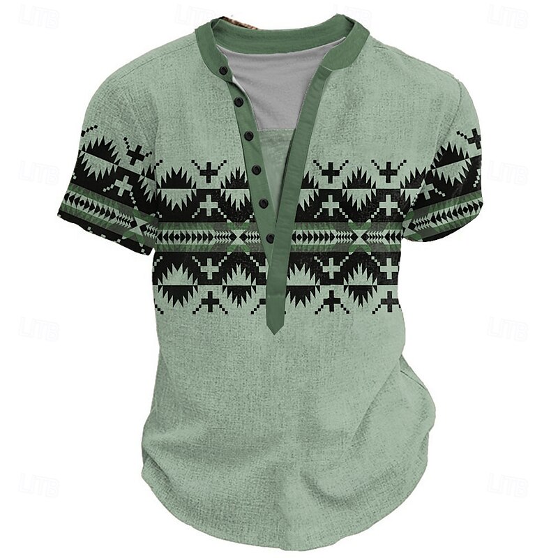 Men's Tribal Henley Shirt Short Sleeve 3D Print Fashion Daily Designer Street Casual Daily Summer Spring Light Blue White Light Green Khaki Henley Collar Henley T-Shirt4