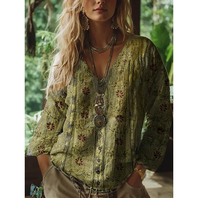 Women's Blouse Floral Graphic Paisley Bohemia Vintage Tropical 3/4 Length Sleeve V Neck Regular Tops Ruched Print Purple Green Summer Spring2
