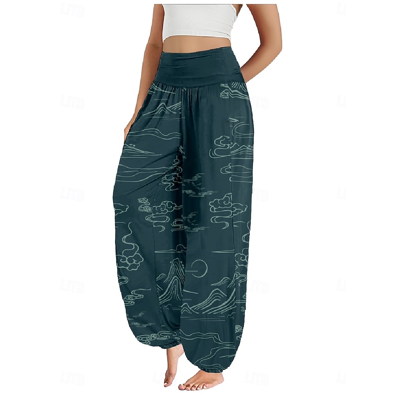 Women's Linen-Inspired Pants Wide Leg Pants Trousers Ethnic Style Casual Boho Full Length High Waist Floral Pocket Elastic Waist Printing Breathability Soft Micro-elastic Outdoor Yoga Forest Green