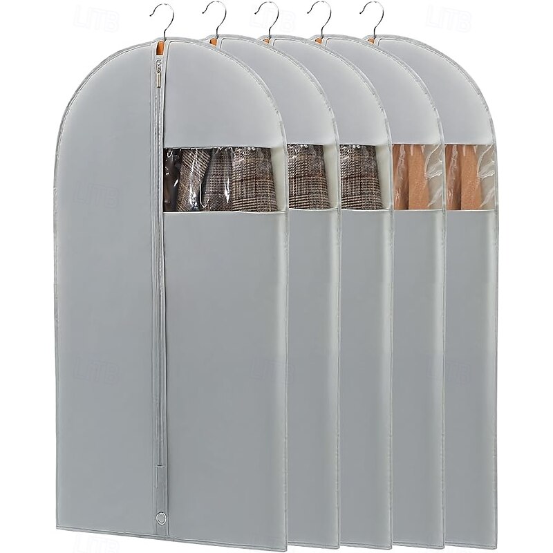 5 Packs Garment Bags for Hanging Clothes Suit Bags for Closet Storage and Travel Grey Suit Cover Bags with Clear Window for Coats Jackets Shirts