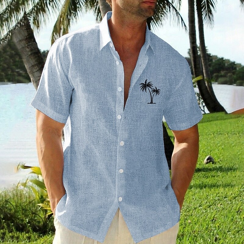Men's Coconut Tree Shirt Linen Shirt Button Up Shirt Short Sleeve Hawaiian Resort Beach Vacation Daily Holiday Summer Turndown Collared Shirts Pink Blue Green