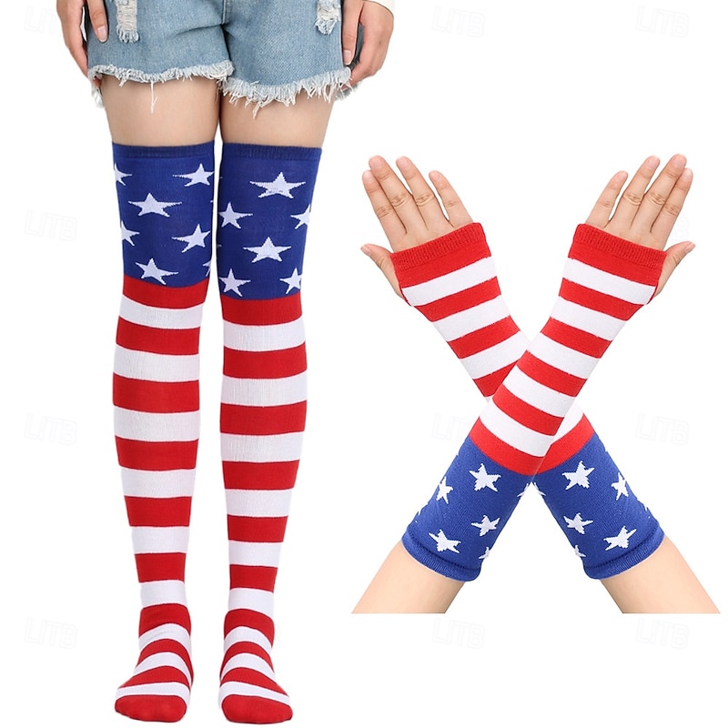4pcs Flag Pattern Thigh High Stockings For Independence Day Party Over The Knee Socks Women's Stockings & Hosiery2