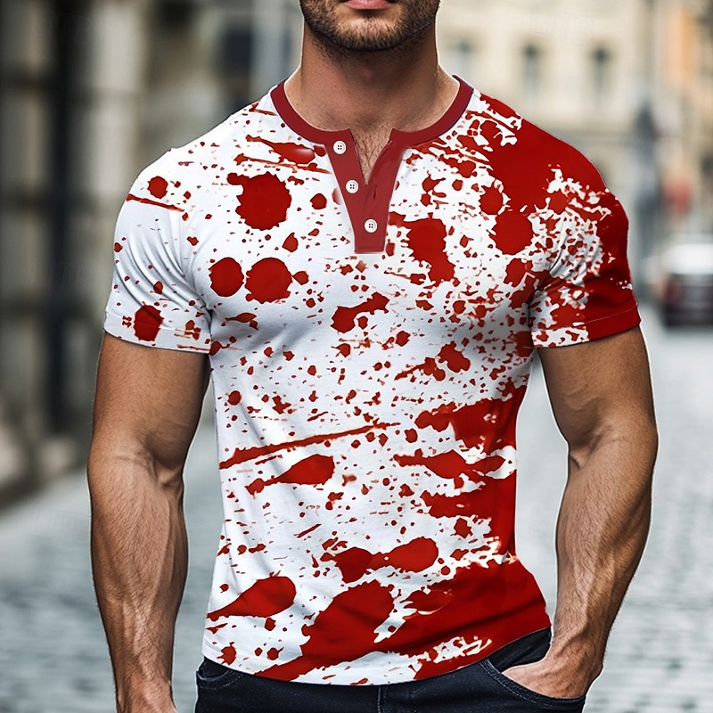 Men's Halloween Blood Splatter Funny Blood stains T Shirt Henley Shirt Short Sleeve Designer Retro Vintage Trendy Street Casual Daily Summer Spring White Henley Henley T-Shirt