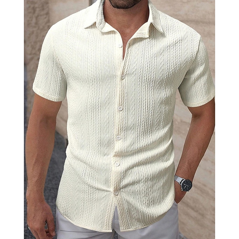 Men's Shirt Summer Shirt Casual Shirt Beach Shirt Button Up Shirt Light Pink Black White Burgundy Beige Short Sleeve Solid / Plain Color Lapel Vacation Hawaiian Clothing Apparel Polyester Fashion4