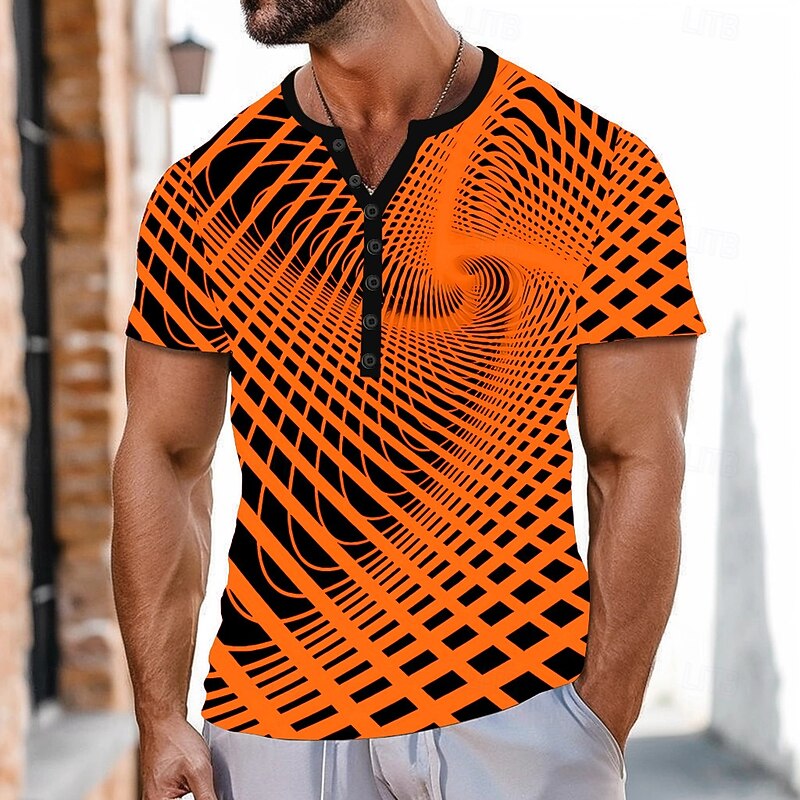 Men's Geometric Pattern T Shirt Henley Shirt Short Sleeve Sports Fashion Designer Outdoor Street Casual Summer Blue Orange Henley Henley T-Shirt2