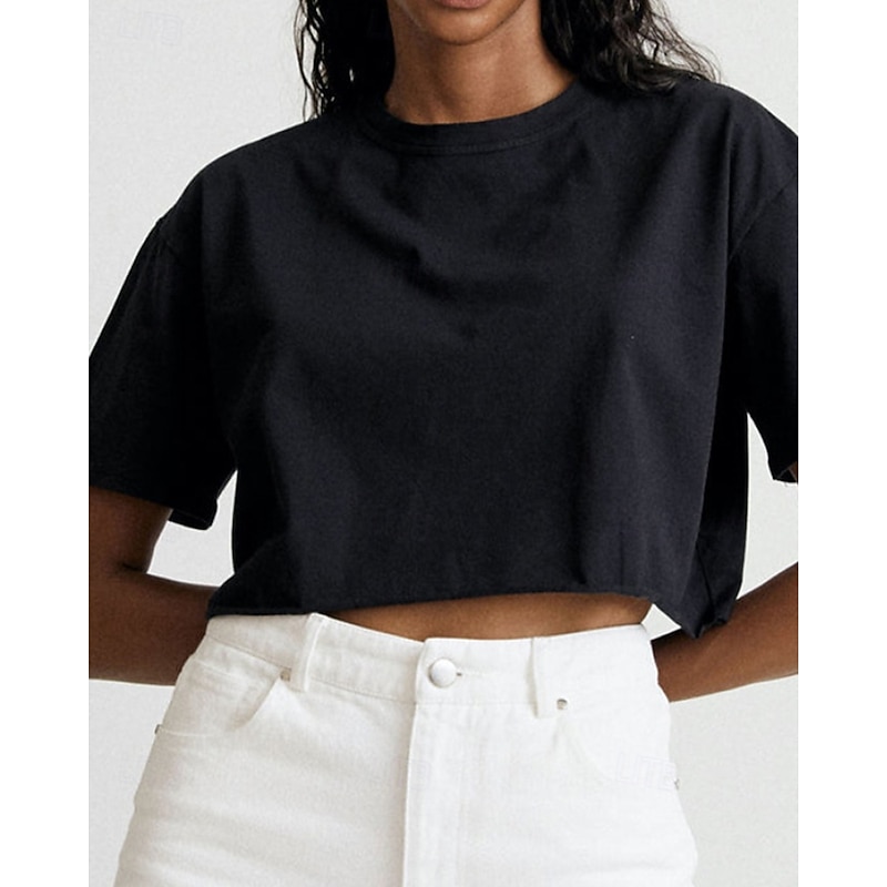Women's Blouse Plain Modern Short Sleeve Crew Neck Crop Tops Holiday Going out Black Blue Green Summer3
