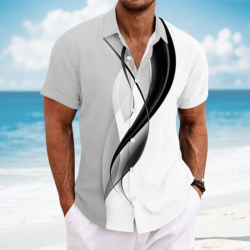 Men's Geometric Line Abstract Art Shirt Summer Shirt Button Up Shirt Short Sleeve Fashion Casual Vacation Dailywear Beach Wear Summer Spring Turndown 3D Print Linen Like Shirt Yellow Blue Light Grey3