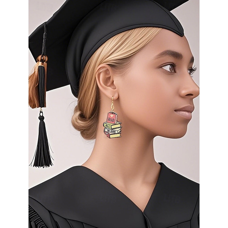 Women's Colorful Book Stack Earrings - Lightweight Wooden Pendant Jewelry for Teachers, Students, Book Lovers - Fun Back to School or Graduation Gift4
