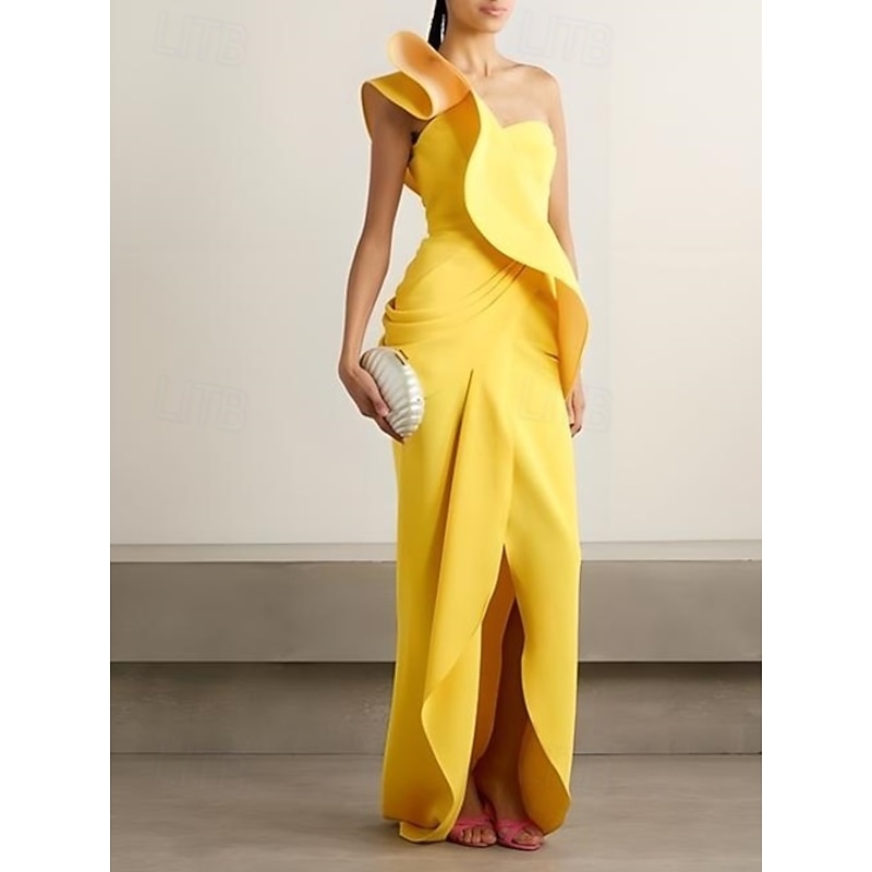Sheath / Column Cocktail Dresses Elegant Dress Formal Wedding Asymmetrical Sleeveless One Shoulder Stretch Crepe with Ruffles - Main Image