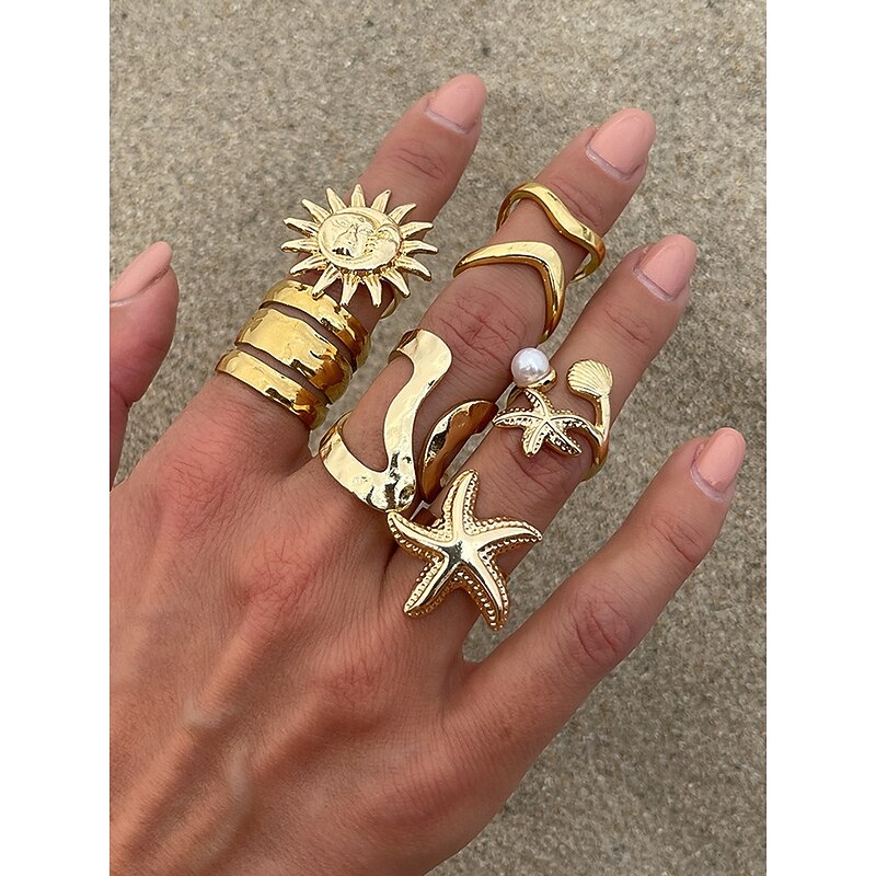 Women's Gold Silver Ocean Style Ring Set - Set of Multi-Piece Bohemian Adjustable Rings with Starfish, Sun, Shell and Pearl Decorations, Perfect for Beach Vacations and Summer Looks2