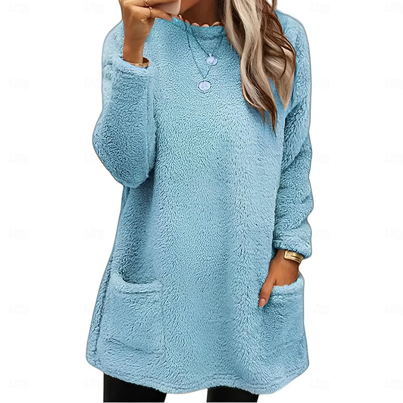 Women's Sweatshirt Casual Sherpa Plain Dailywear Crew Neck Pocket Long Sleeve Pink Blue Green Gray Fall Winter