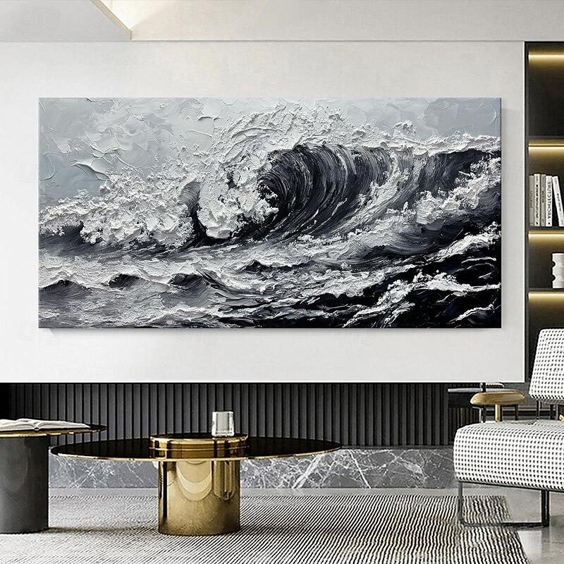 Handmade Oil Painting Canvas Wall Art Decoration Modern Black and White Sea Wave Abstract Texture  for Living Room Home Decor Stretched Frame Hanging Painting/Rolled Frameless Unstretched Painting3