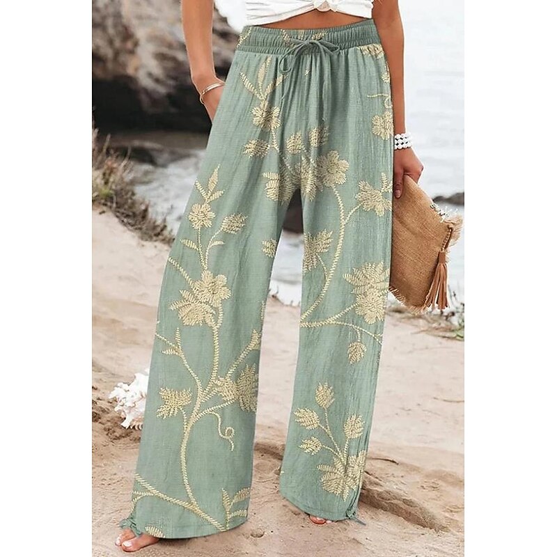 Women's Wide Leg Chinos Baggy Pants Vacation Vintage Fashion Full Length High Waist Floral Graphic Printing Thermal Warm Soft Breathable Micro-elastic Vacation Street Causal Robin's Egg Blue White
