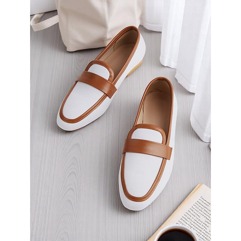 Women's Canvas Penny Loafers – White and Brown Low Heel Office Flats for Work and Daily Commute4