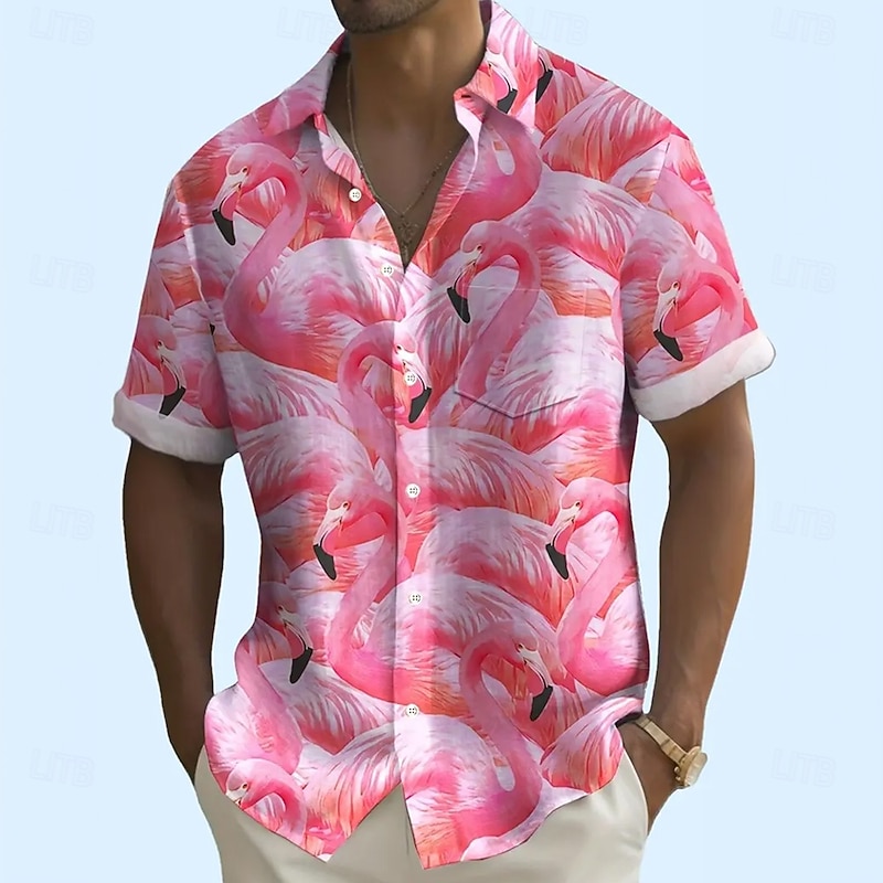 Men's Flamingo Bird Shirt Summer Hawaiian Shirt Button Up Shirt Short Sleeve Hawaiian Vacation Holiday Beach Wear Summer Spring Turndown 3D Print Collared Shirts Front One Pocket Pink2
