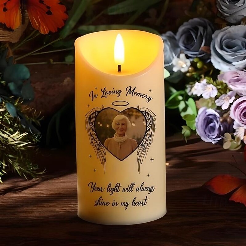 Personalized Memorial LED Candle Custom Photo Sympathy Gifts For Loss Of Loved Ones, Candle with Angel Wings Elegant Keepsake Light for Bedroom Home Decor Tribute Display