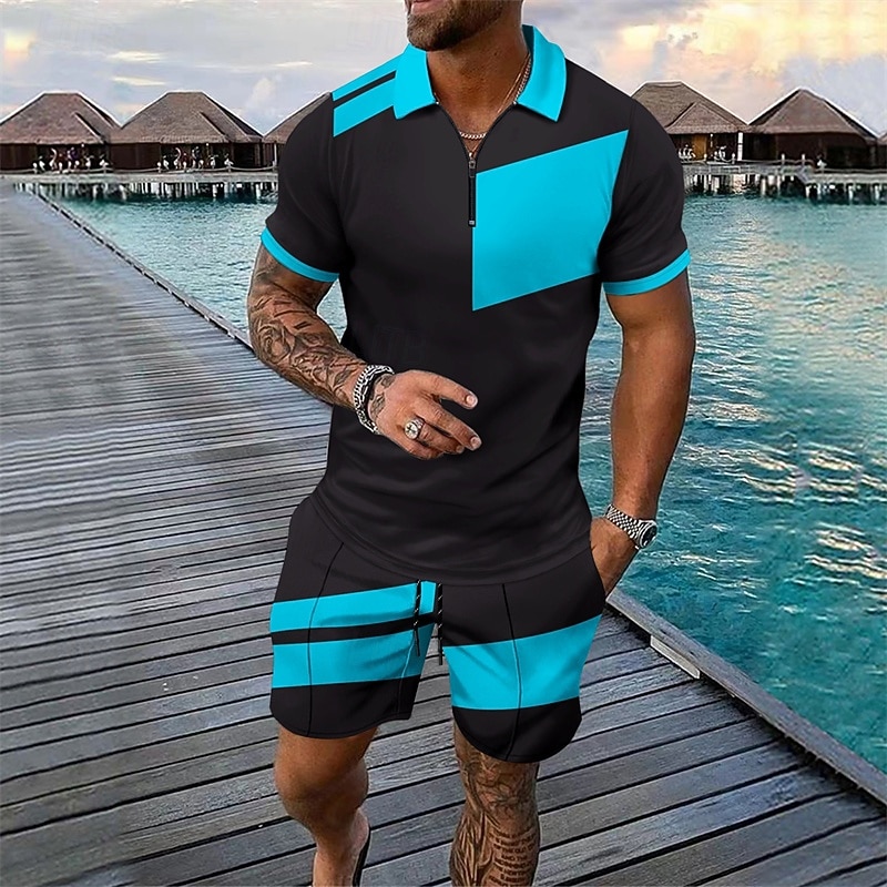 Men's T-shirt Suits 2 Pieces Outfits Tee & Shorts Short Sleeve Quarter Zip Summer Color Block Fashion Casual 2 Piece Splice Vacation Daily Wear Going out Silver Black Wine Top Tee for Men3