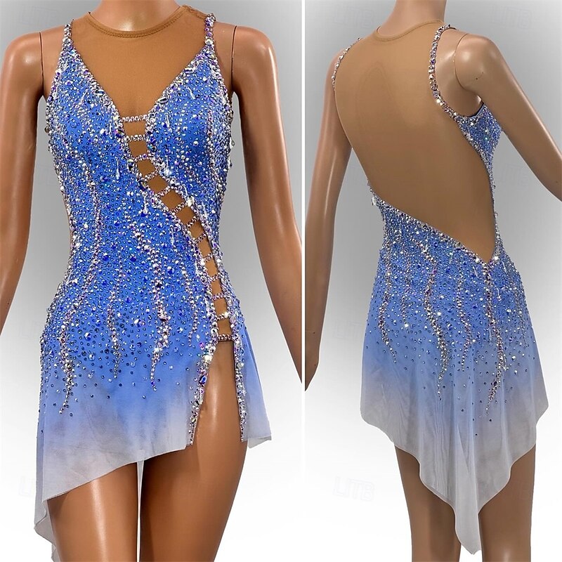 Figure Skating Dress Women's Girls' Ice Skating Dress Sky Blue Patchwork Asymmetric Hem Mesh Spandex High Elasticity Training Competition Skating Wear Classic Crystal / Rhinestone Sleeveless Ice