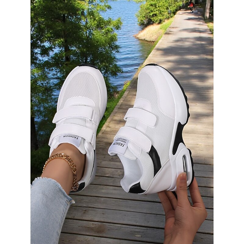 Women's White Mesh Sneakers with Velcro Straps – Fashion Air-Cushioned Athletic Shoes for Casual Wear and City Walks4