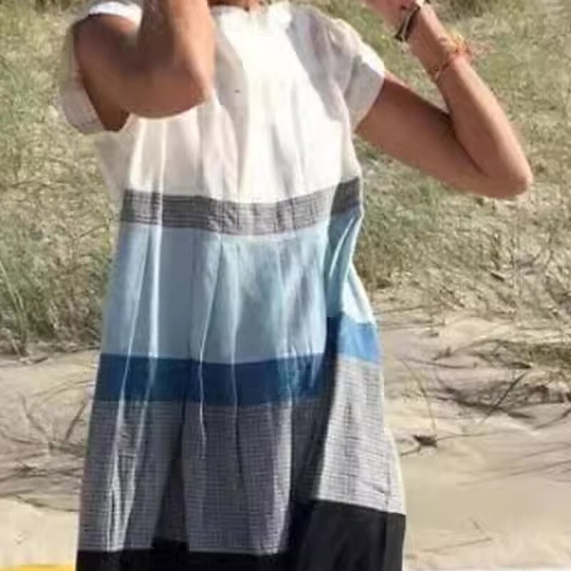 Women's Midi Dress Casual Dress Cotton Linen Dress Summer Dress Fashion Classic Outdoor Holiday Date Regular Fit Color Block Short Sleeve Crew Neck Blue Summer Spring2