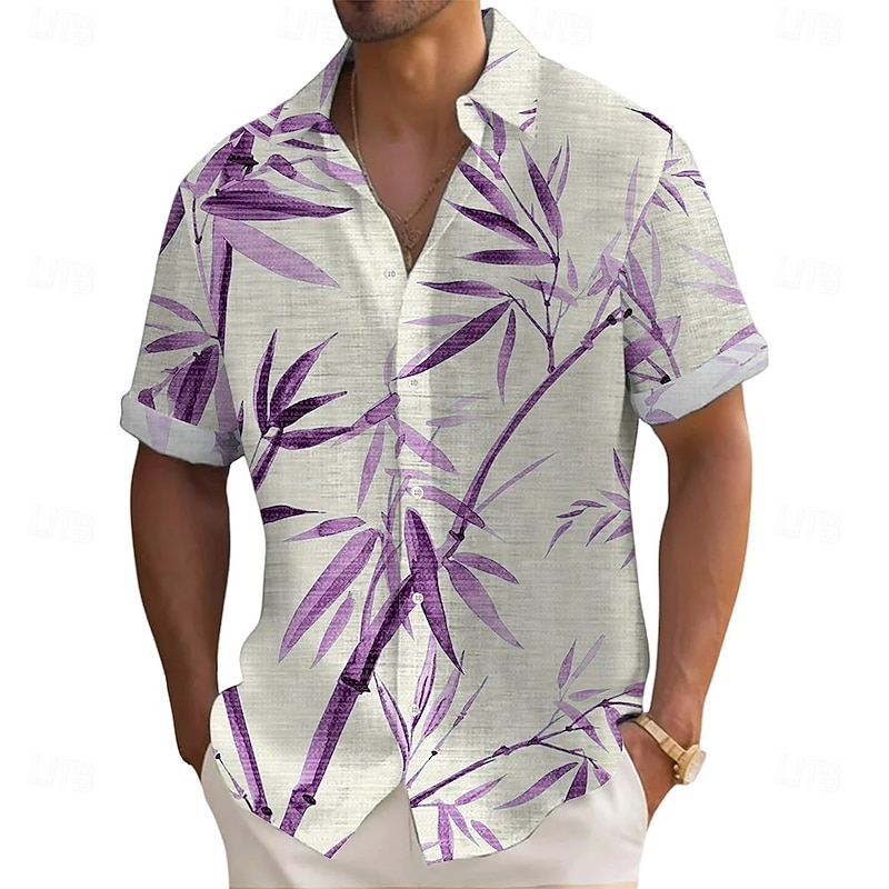 Men's Plants Bamboo Shirt Summer Shirt Button Up Shirt Short Sleeve Fashion Casual Vacation Dailywear Beach Wear Summer Spring Turndown 3D Print Linen Like Shirt Yellow Blue Purple Green Rose Red