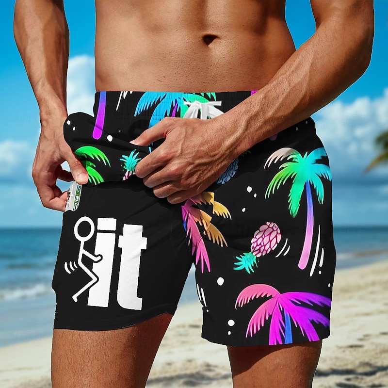 Men's Coconut Tree Letter Funny Lined Shorts 2 in 1 Board Shorts Swim Shorts Mid Waist Hawaiian Vacation Holiday Beach Wear Side Pockets With Compression Liner Elastic Drawstring Waist Designer