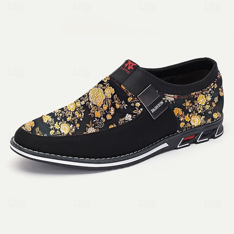 Men's Black and Gold Floral Slip-On Sneakers – Trendy Jacquard Fabric Shoes for Casual Wear and Stylish Occasions3