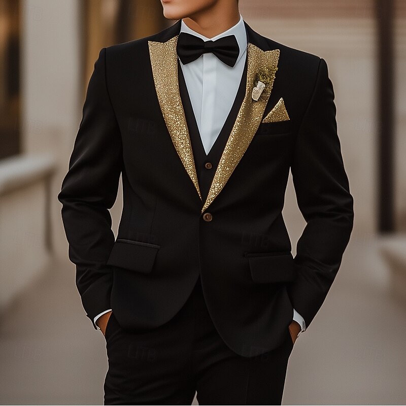 Men's Party Prom Party Suits Peaked Lapel Black Fashion Luxury Solid Colored Standard Fit 3 Piece Single Breasted One-button