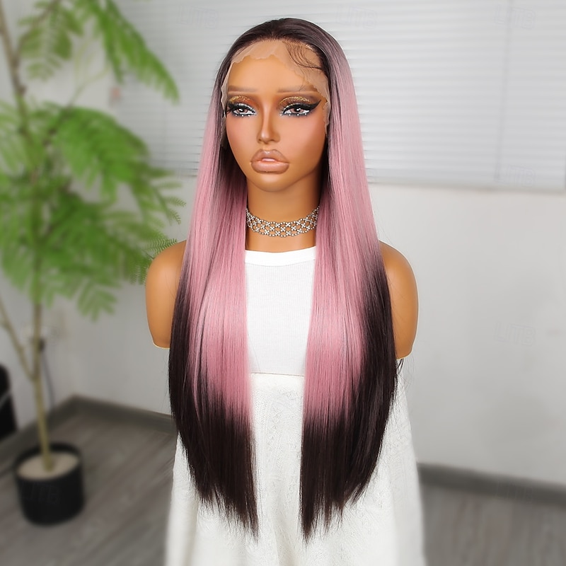 Synthetic Lace Wig Straight Style 26 inch Pink Middle Part 13x4 Lace Front Wig Women's Wig Light Pink2