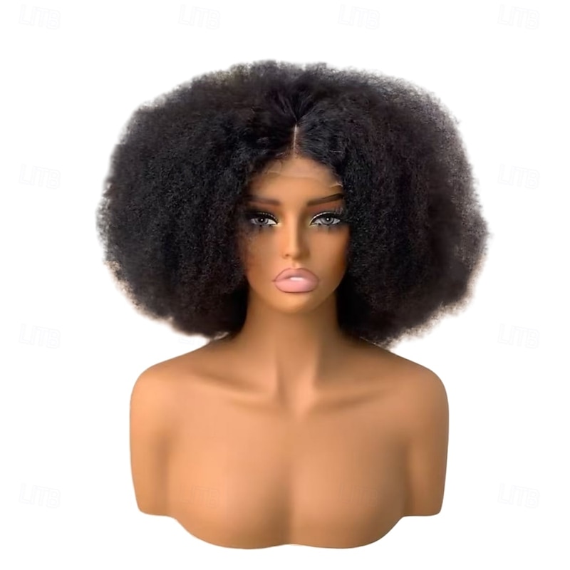 Remy Human Hair 4x4 Lace Front Wig Middle Part With Bangs Brazilian Hair Curly Afro Kinky Curly Black Wig 250% Density Natural Hairline 100% Virgin For Women wigs for black women Short Human Hair2