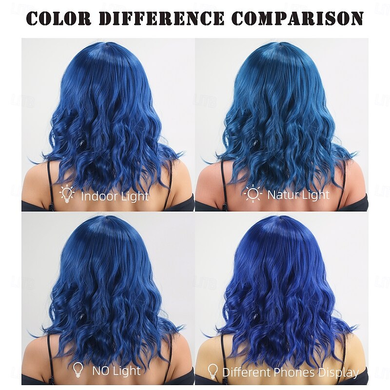 Women's Synthetic Wig Deep Wave Water Wave Asymmetrical Neat Bangs 16 Inch A1 Comfort Classic Machine Made Blue4