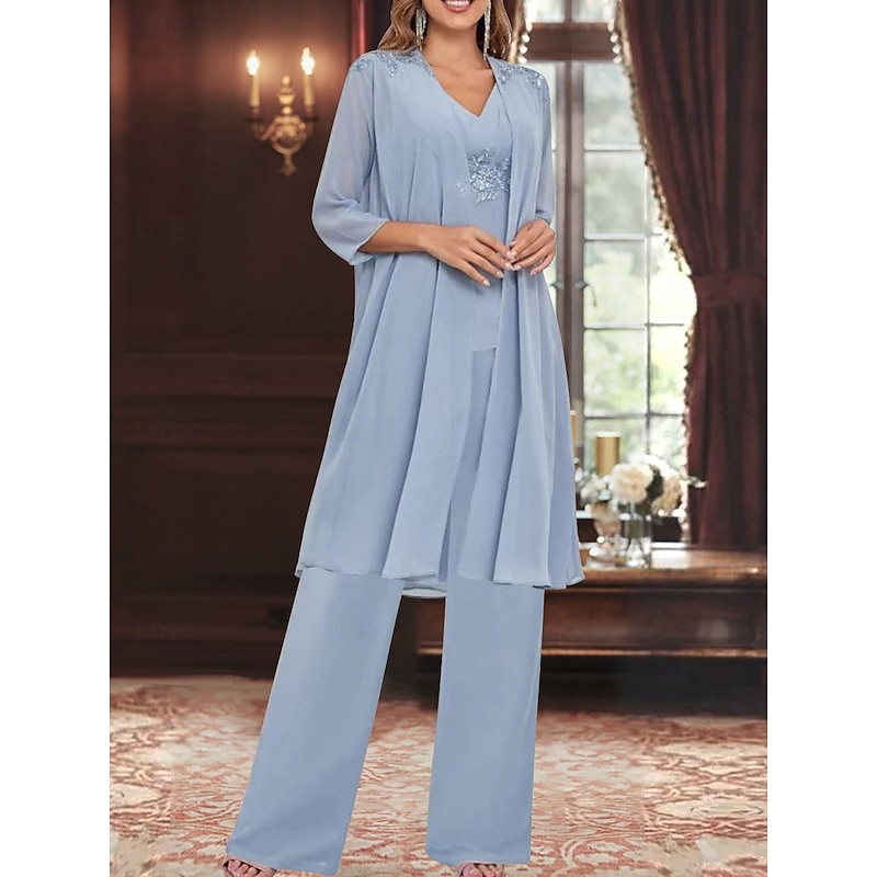 3 Piece Mother of the Bride Dress Wedding Guest Elegant Simple V Neck Floor Length Polyester Long Sleeve with Solid Color - Main Image