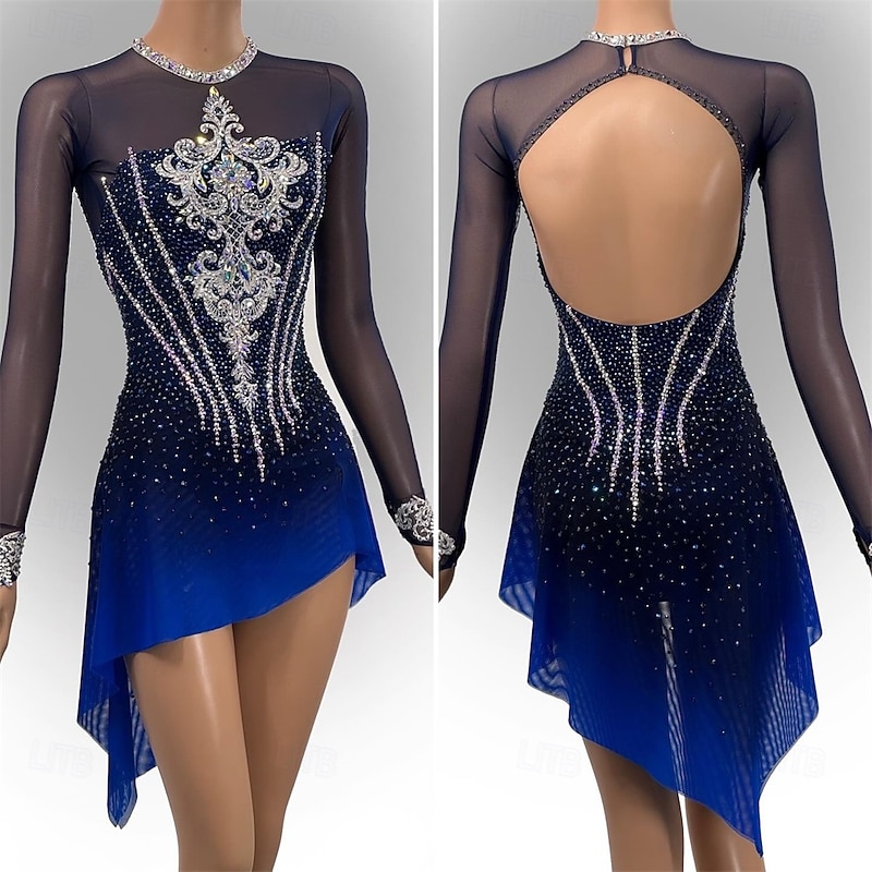 Figure Skating Dress Women's Girls' Ice Skating Dress Dark Navy Thumbhole Open Back Mesh High Elasticity Training Competition Skating Wear Classic Crystal / Rhinestone Long Sleeve Ice Skating Figure